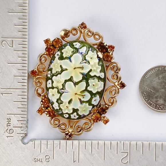 VTG Juliana D&E Brooch Signed Celebrity NY Enamel Porcelain Floral Gold Tone 60s - Picture 10 of 14